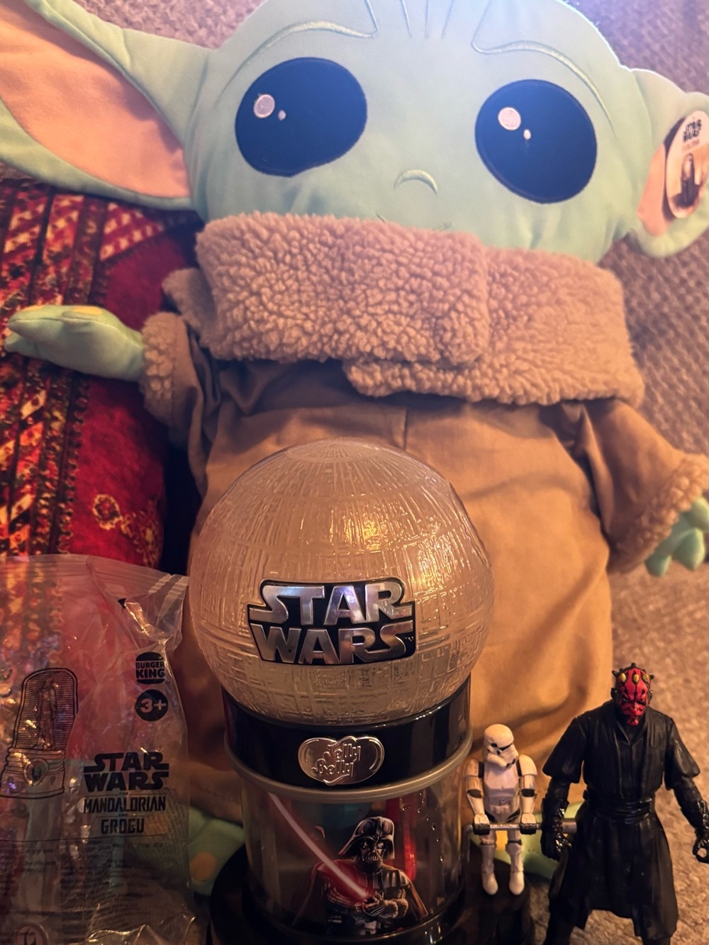 Star Wars 4 Piece Lot Grogu Plush Darth Maul  Jelly Belly Death Star + BK Toy